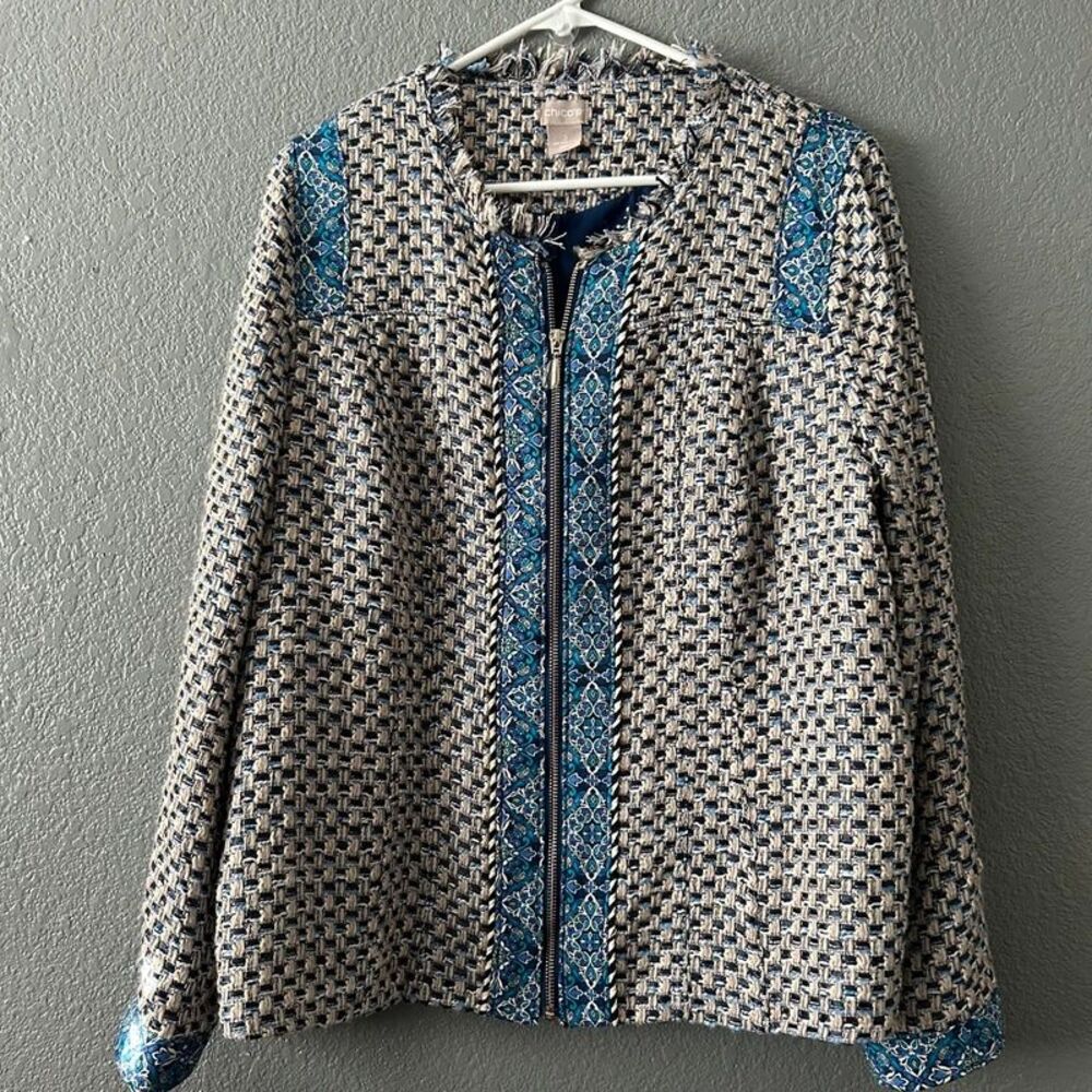 Chico’s Tweed Raw Trim Zip Jacket Size 2 US 12/14 Blue Paisley Preppy Academia